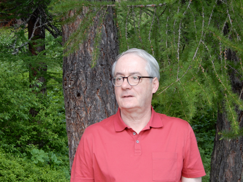 Portrait eines Mannes, der mit rotem T-Shirt an einem Baumstamm steht