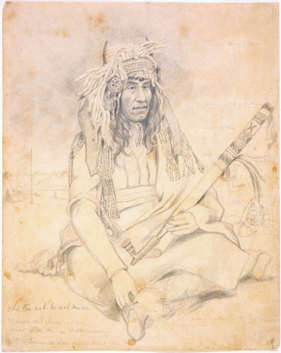 Zeichnung eines sitzenden Mannes mit langer Pfeife und einem aufwendigen Kopfputz