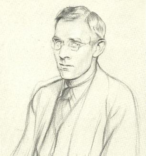 Bleistift-Zeichnung eines Mannes (Stanley Morison) im Halbprofil, gescheiteltes kurzes Haar, Brille