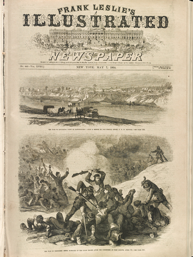 Die Zeitungsseite zeigt zwei Kupferstiche. In der oberen Szene überqueren Pferdefuhrwerke den Red River in Louisiana. In der unteren Szene erschlagen und Erstecken Soldaten der Konföderierten vorwiegend afroamerikanische Soldaten am Mississippi.
